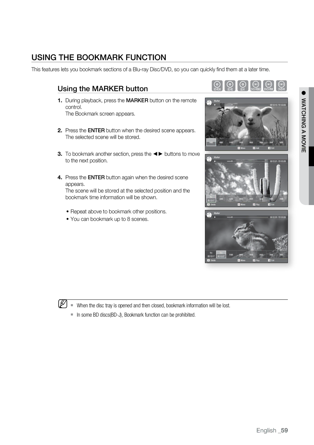 Samsung BD-P2550 user manual Using the Bookmark Function, Using the Marker button 