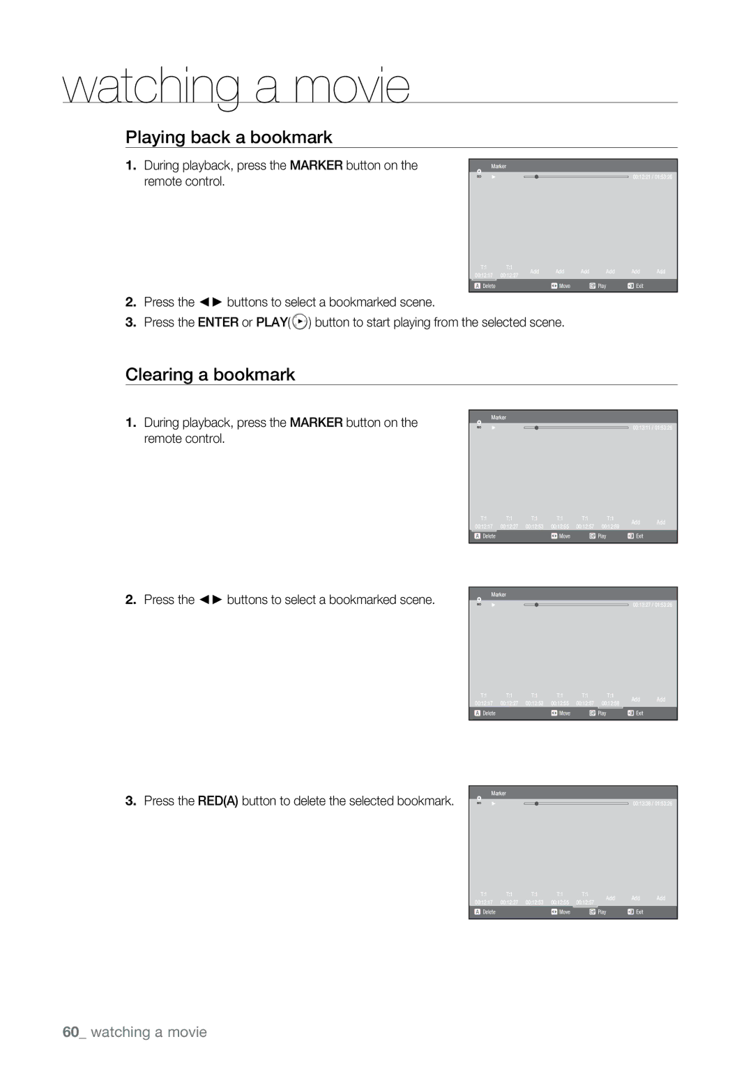 Samsung BD-P2550 Playing back a bookmark, Clearing a bookmark, . Press the buttons to select a bookmarked scene 