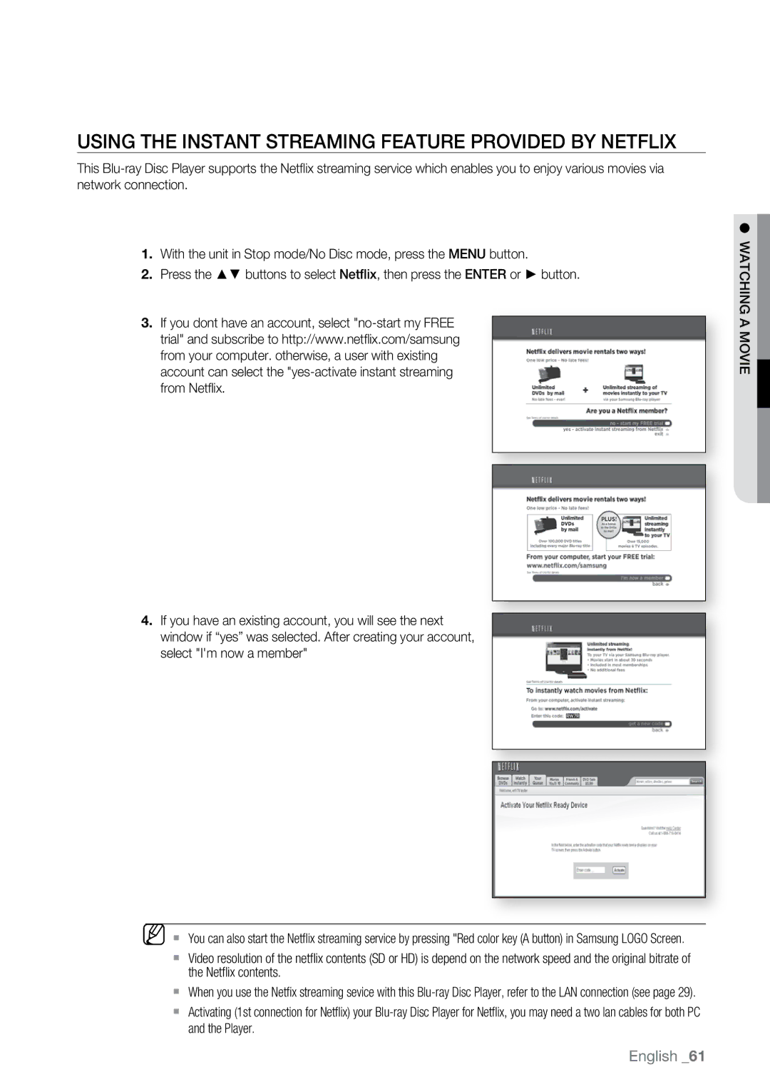 Samsung BD-P2550 user manual Using the Instant Streaming feature provided by Netflix, Amovie watching 