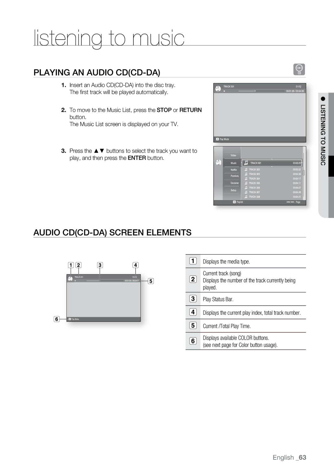 Samsung BD-P2550 user manual Audio CDCD-DA Screen Elements 