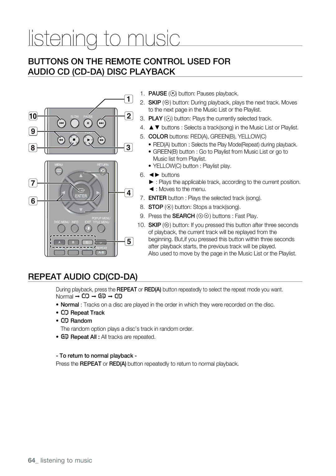 Samsung BD-P2550 user manual Listening to music, Repeat Audio CDCD-DA 