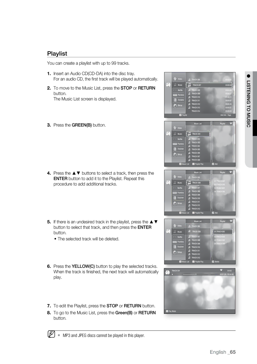 Samsung BD-P2550 Playlist, Button to select that track, and then press the Enter, ~ The selected track will be deleted 