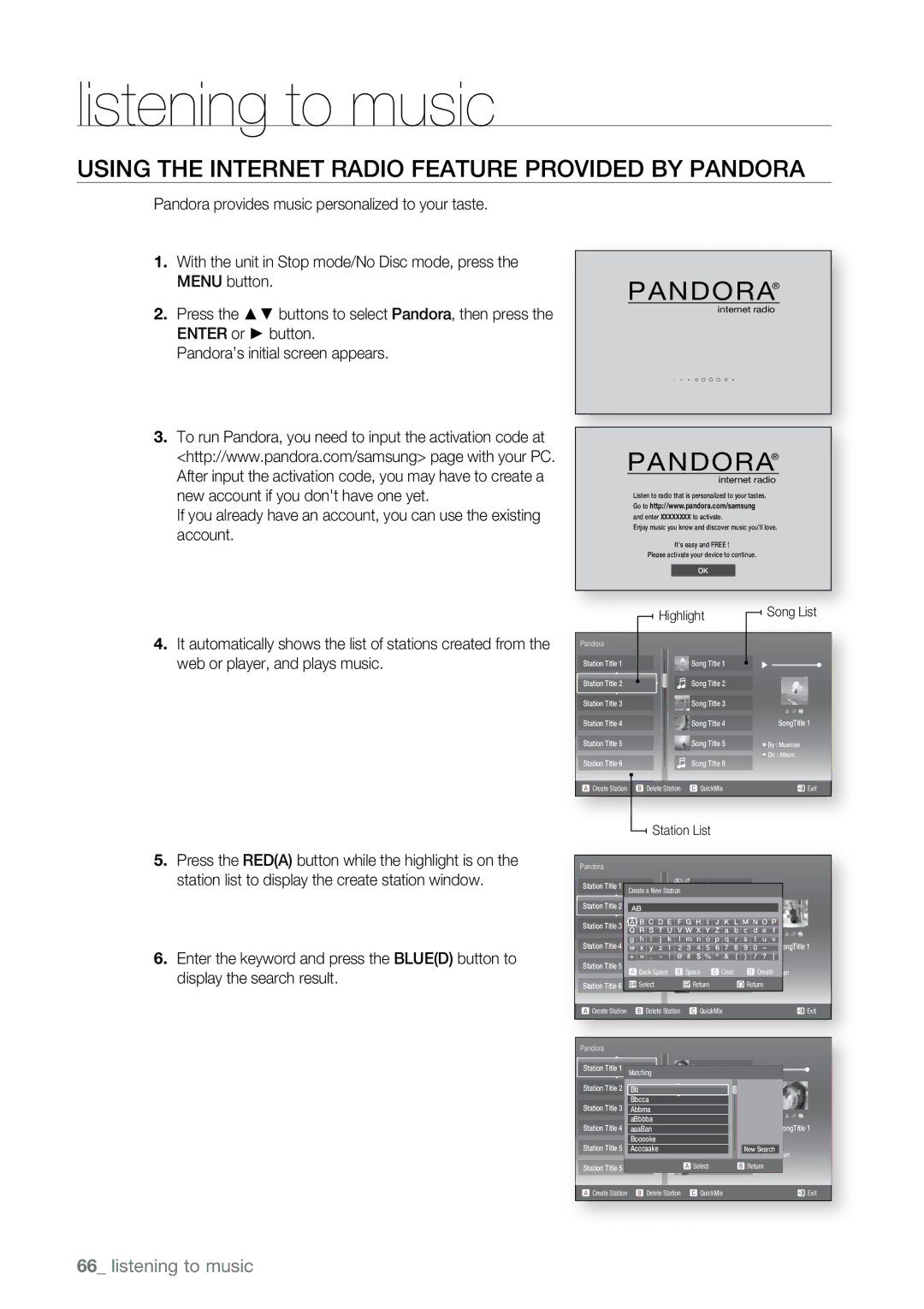 Samsung BD-P2550 user manual Using the Internet Radio feature provided by Pandora, Highlight 