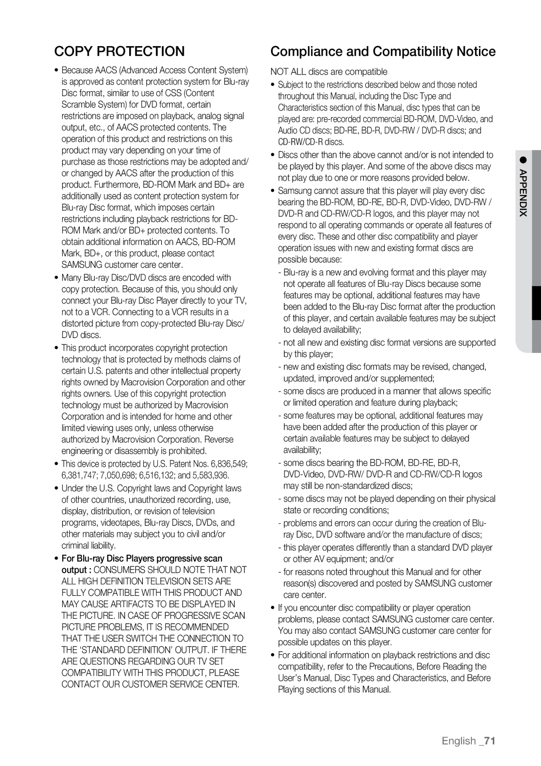 Samsung BD-P2550 user manual Compliance and Compatibility Notice, Not ALL discs are compatible, Appendix 