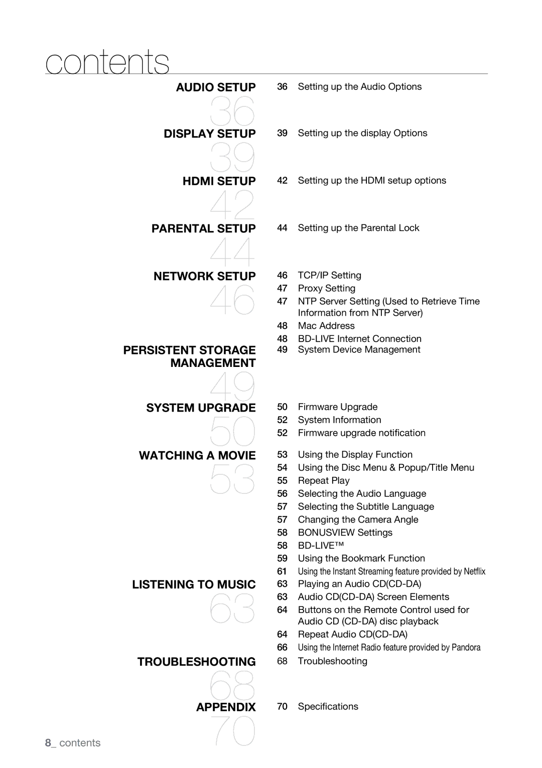 Samsung BD-P2550 user manual  contents 