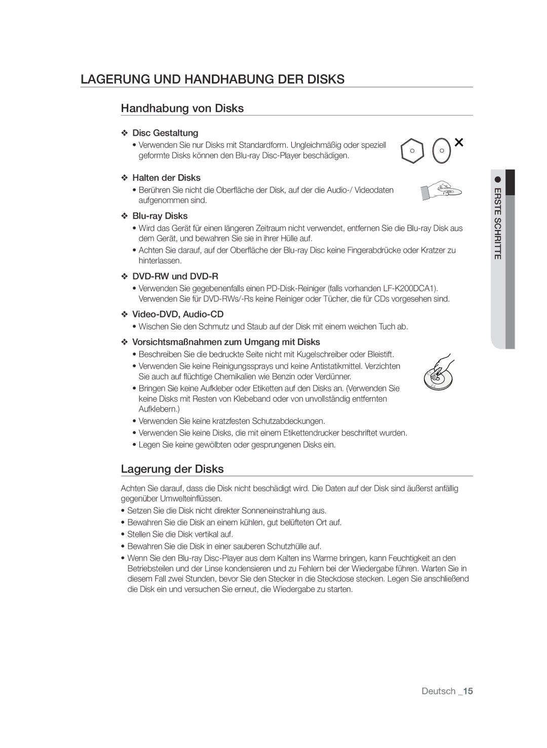 Samsung BD-P3600/XEF, BD-P3600/EDC manual Lagerung und Handhabung der Disks, Handhabung von Disks, Lagerung der Disks 