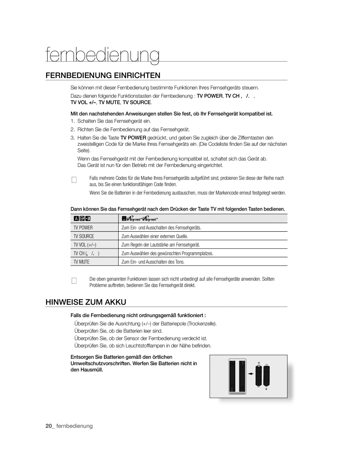 Samsung BD-P3600/EDC, BD-P3600/XEC, BD-P3600/XEF manual FERnBEdIEnung EInRIchtEn, HInWEISE zuM Akku, Fernbedienung 