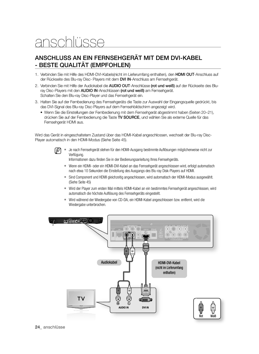 Samsung BD-P3600/EDC, BD-P3600/XEC, BD-P3600/XEF manual  anschlüsse, Verfügung, Siehe Seite, Audiokabel, Rot Weiß 