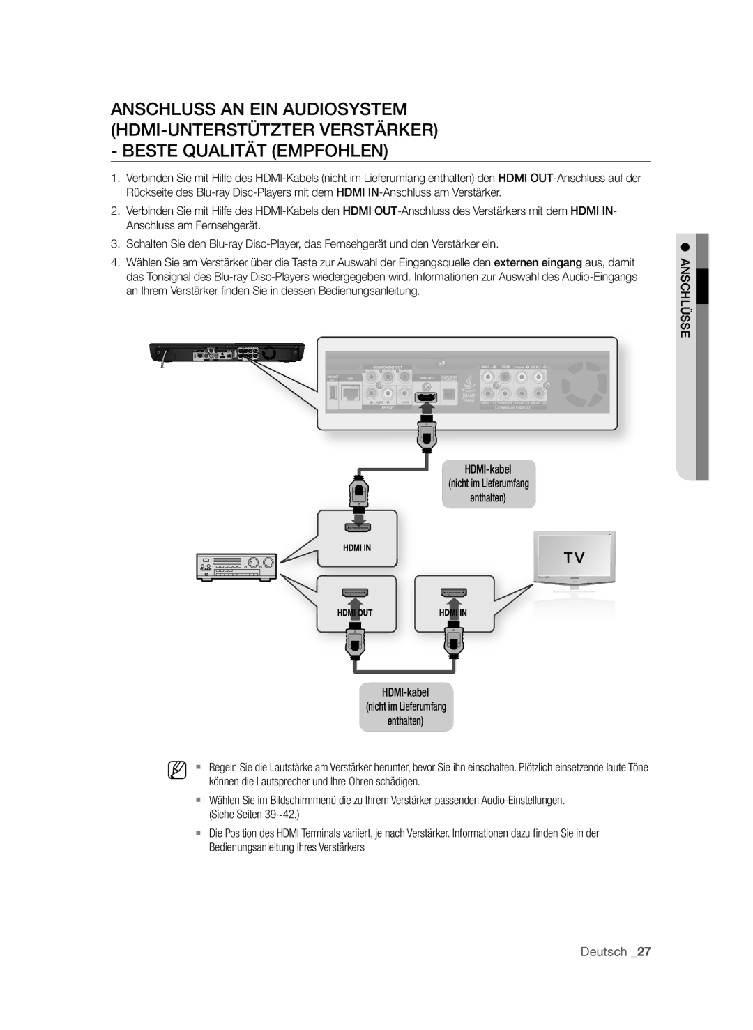 Samsung BD-P3600/XEF, BD-P3600/EDC manual Anschluss an ein Audiosystem HDMI-unterstützter Verstärker, Siehe Seiten 39~42 