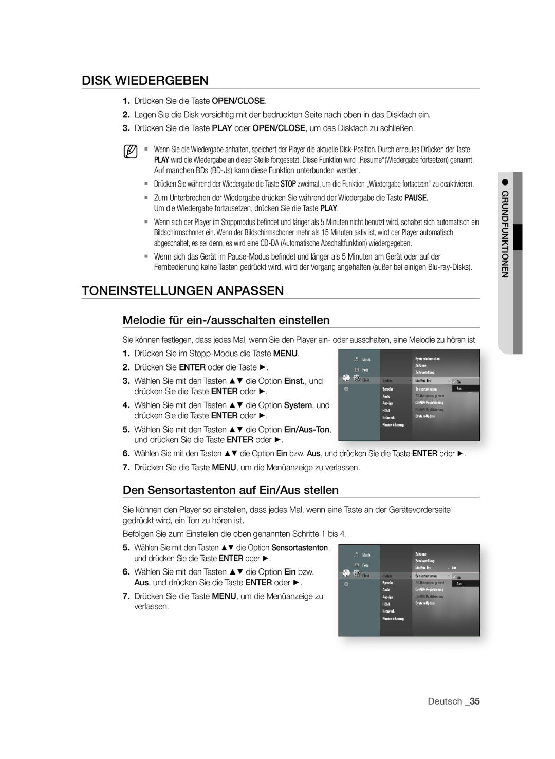 Samsung BD-P3600/XEF DISk WIEdERgEBEn, TOnEInStELLungEn AnPASSEn, Melodie für ein-/ausschalten einstellen, Deutsch 3 