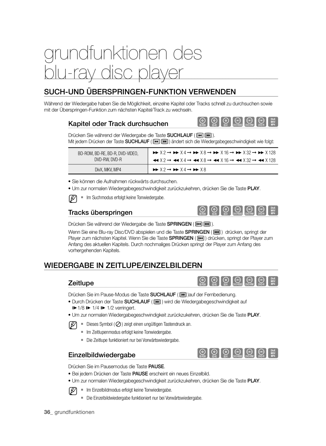 Samsung BD-P3600/EDC, BD-P3600/XEC manual Such-und Überspringen-Funktion verwenden, Wiedergabe in Zeitlupe/Einzelbildern 