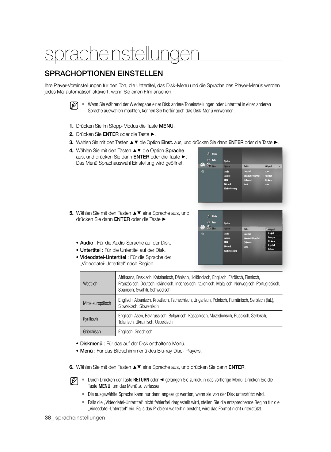 Samsung BD-P3600/XEC, BD-P3600/EDC, BD-P3600/XEF manual Spracheinstellungen, SPRAchOPtIOnEn EInStELLEn,  spracheinstellungen 