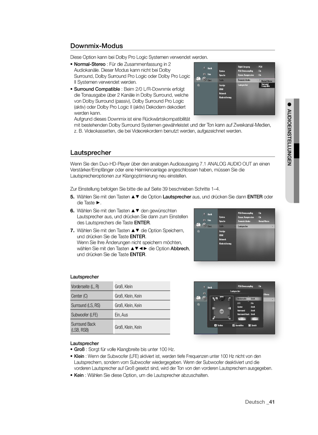 Samsung BD-P3600/EDC, BD-P3600/XEC, BD-P3600/XEF manual Downmix-Modus, Lautsprecher, Deutsch 1 