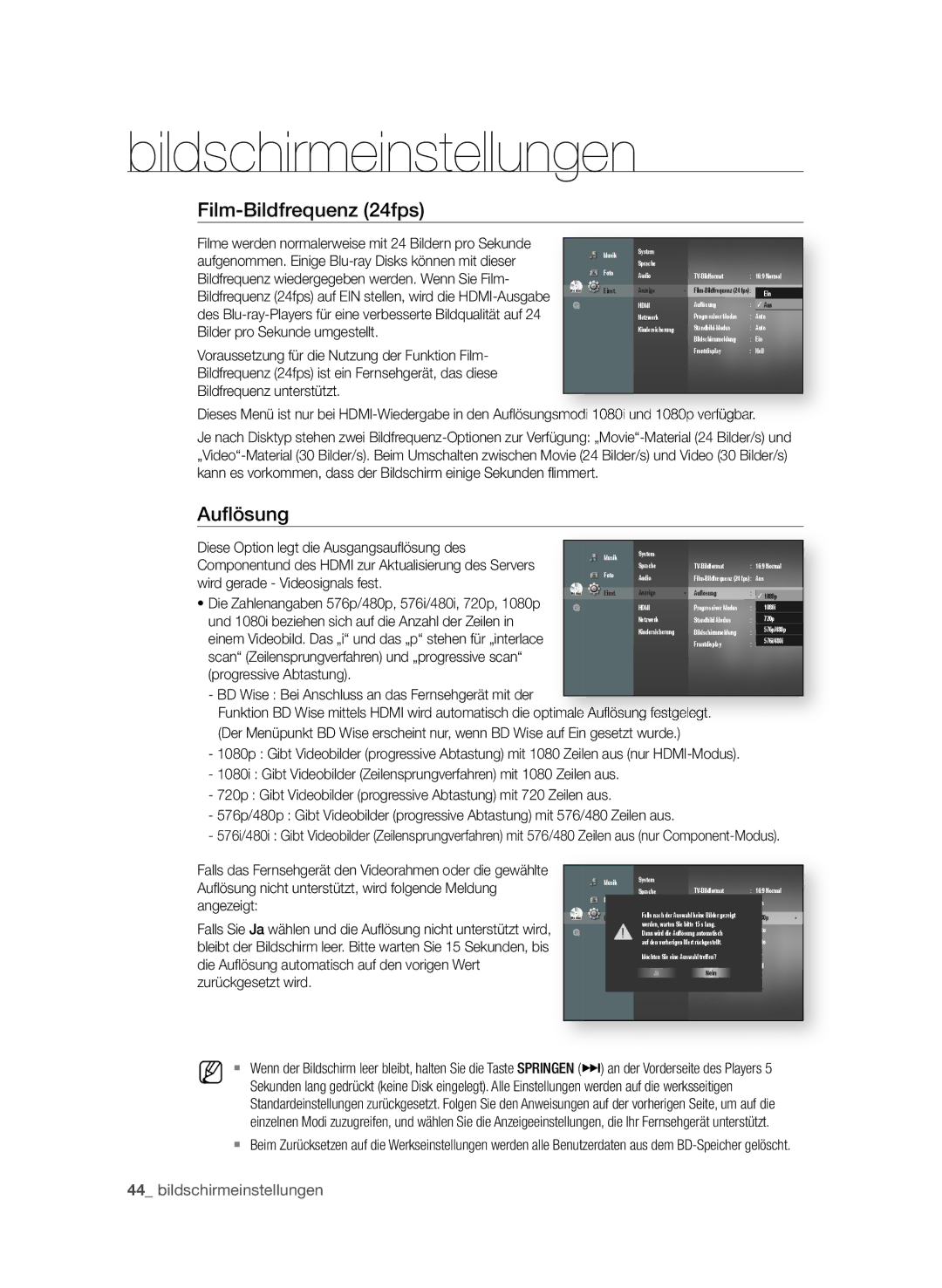 Samsung BD-P3600/EDC, BD-P3600/XEC, BD-P3600/XEF manual Film-Bildfrequenz 24fps,  bildschirmeinstellungen 