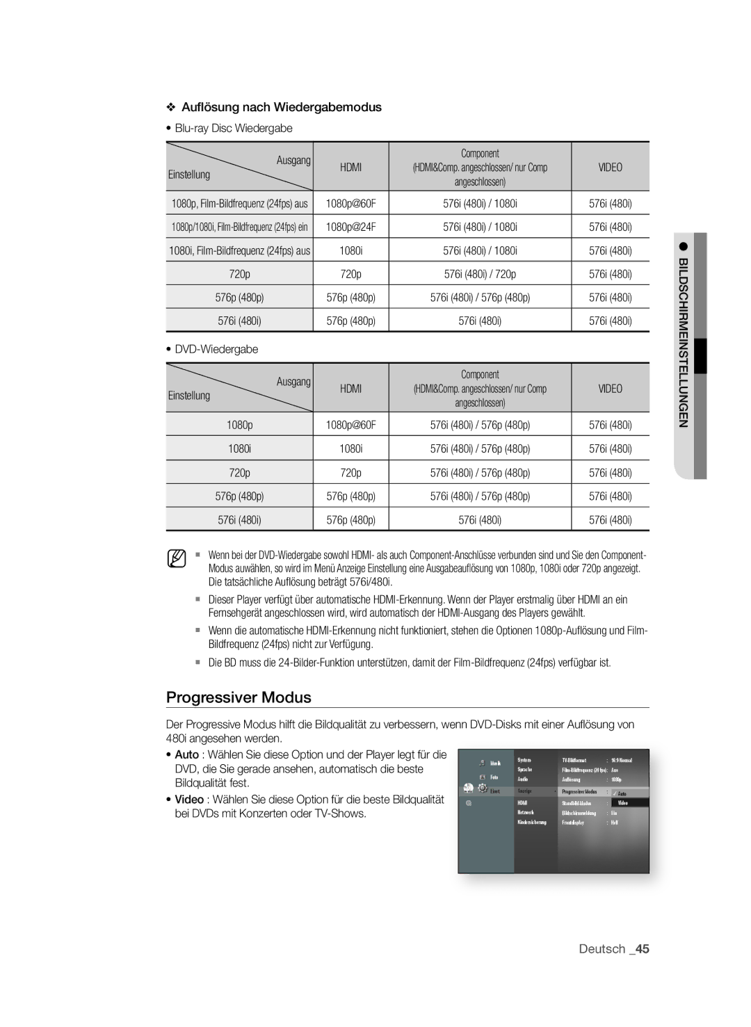 Samsung BD-P3600/EDC manual Progressiver Modus, Deutsch , Hdmi, Bildqualität fest, Bei DVDs mit Konzerten oder TV-Shows 