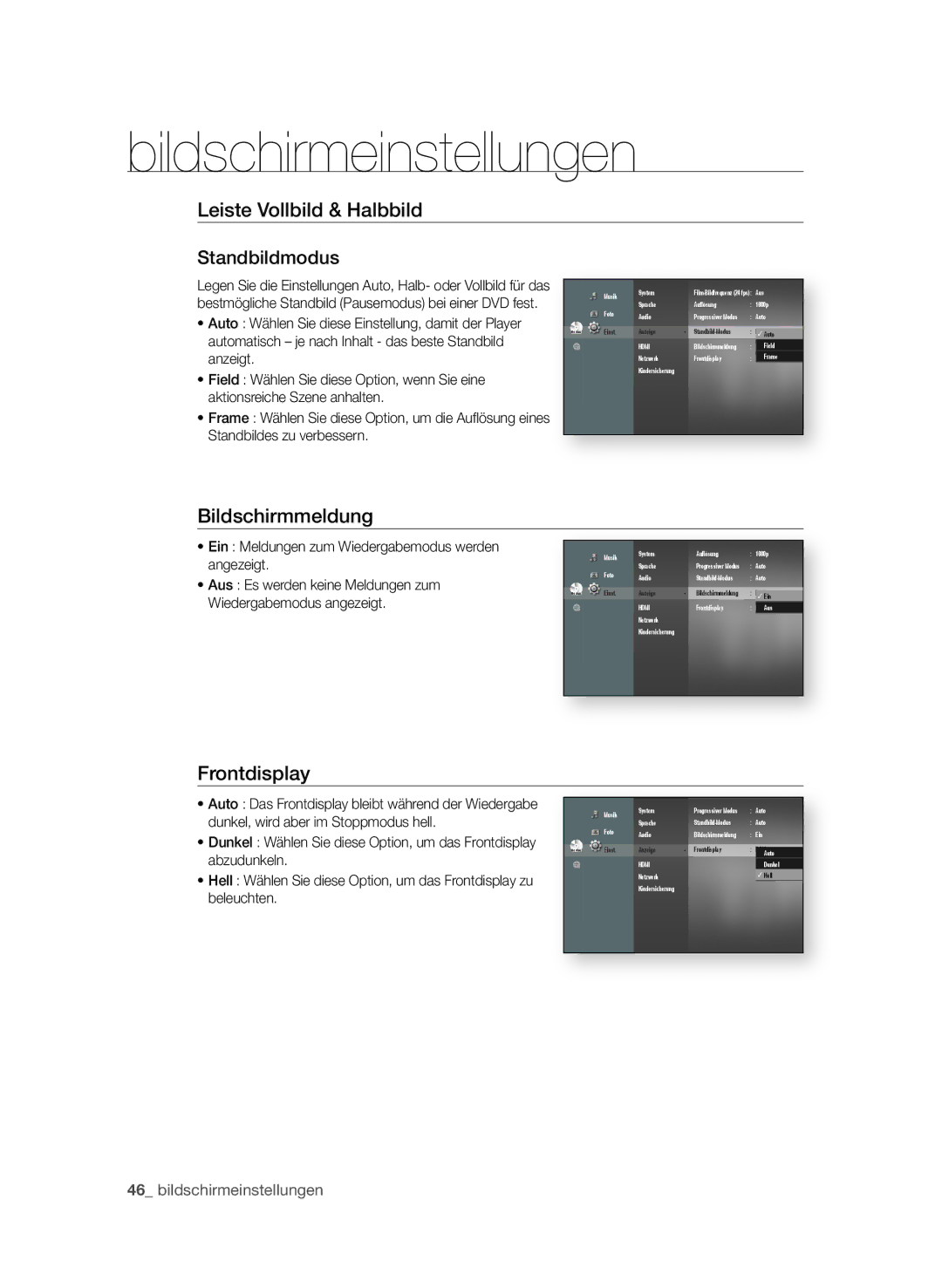 Samsung BD-P3600/XEC, BD-P3600/EDC Leiste Vollbild & halbbild Standbildmodus, Bildschirmmeldung, Frontdisplay, Anzeigt 