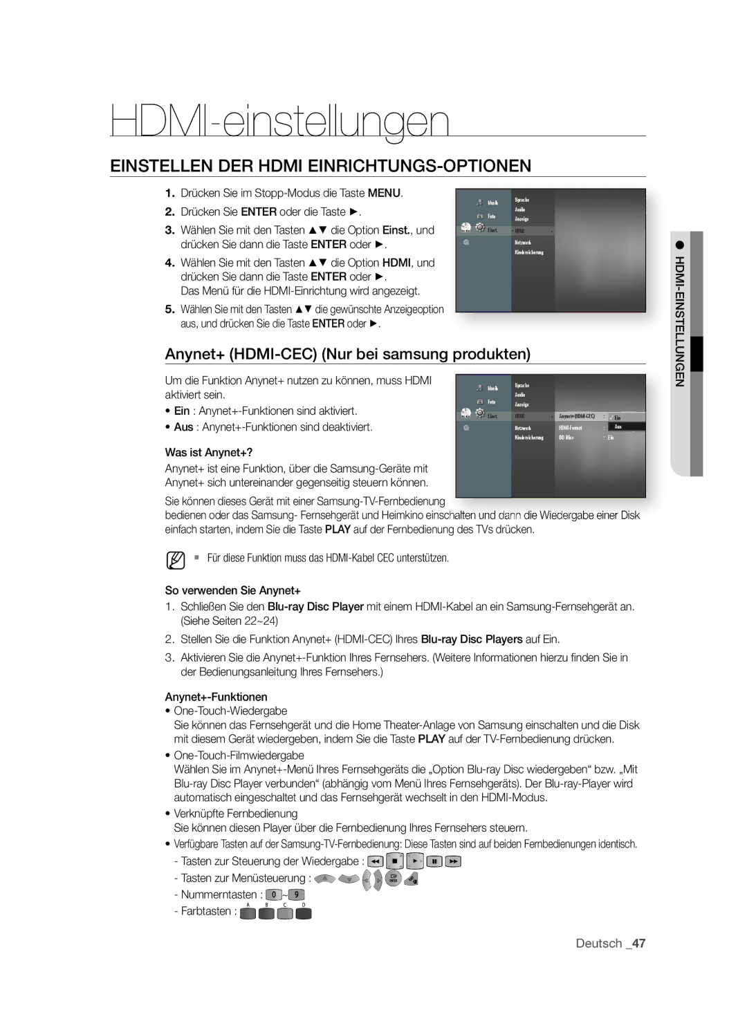 Samsung BD-P3600/XEF, BD-P3600/EDC, BD-P3600/XEC manual HDMI-einstellungen, EInStELLEn dER hdMI EInRIchtungS-OPtIOnEn 