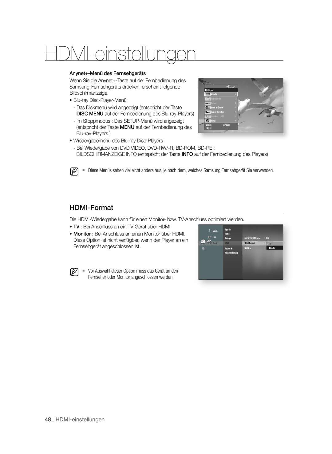 Samsung BD-P3600 manual  HDMI-einstellungen, TV Bei Anschluss an ein TV-Gerät über Hdmi, Fernsehgerät angeschlossen ist 