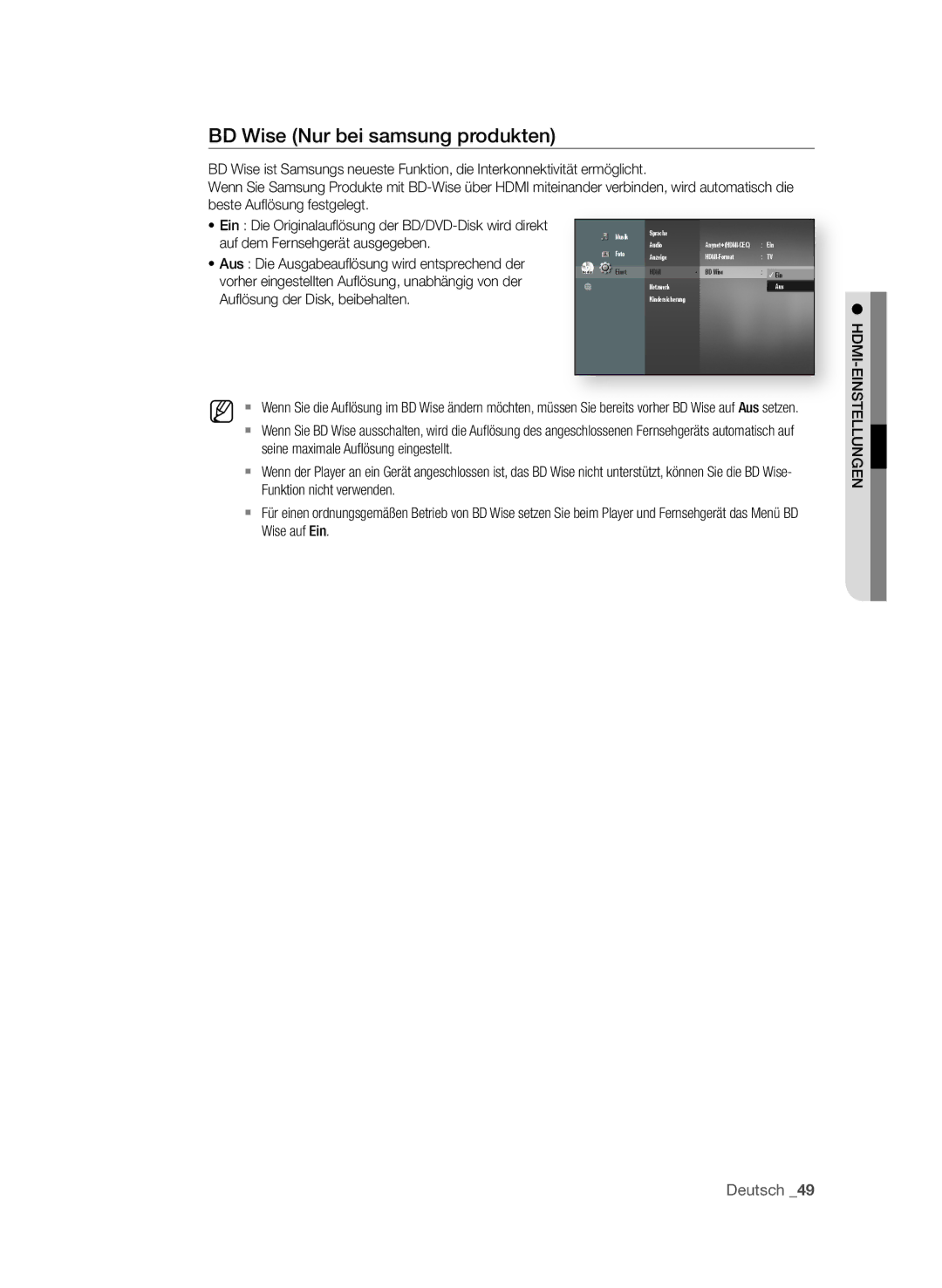 Samsung BD-P3600/EDC Bd Wise nur bei samsung produkten, Auf dem Fernsehgerät ausgegeben, Aufl ösung der Disk, beibehalten 