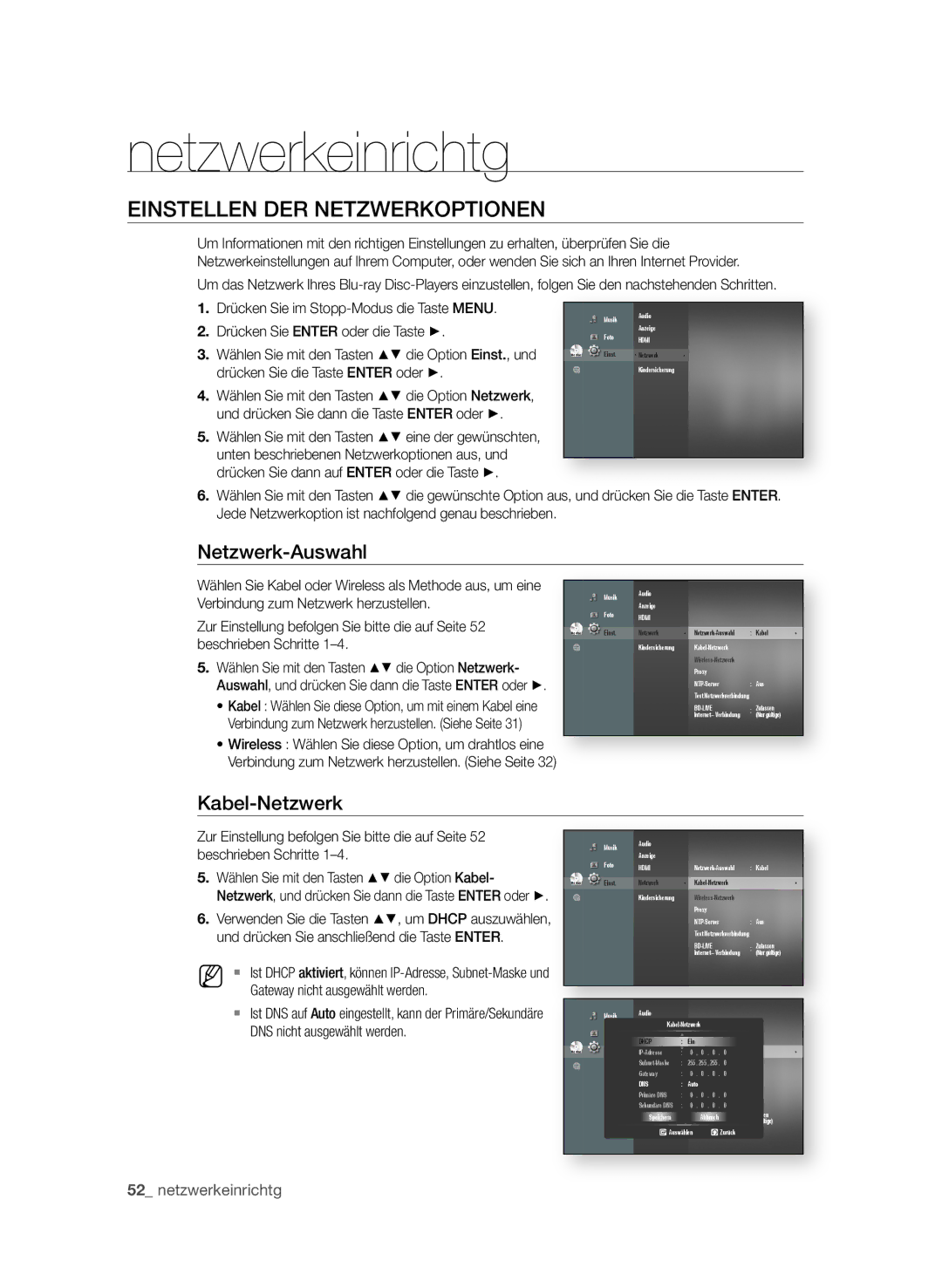 Samsung BD-P3600/EDC manual Netzwerkeinrichtg, EInStELLEn dER nEtzWERkOPtIOnEn, Netzwerk-Auswahl, 2 netzwerkeinrichtg 