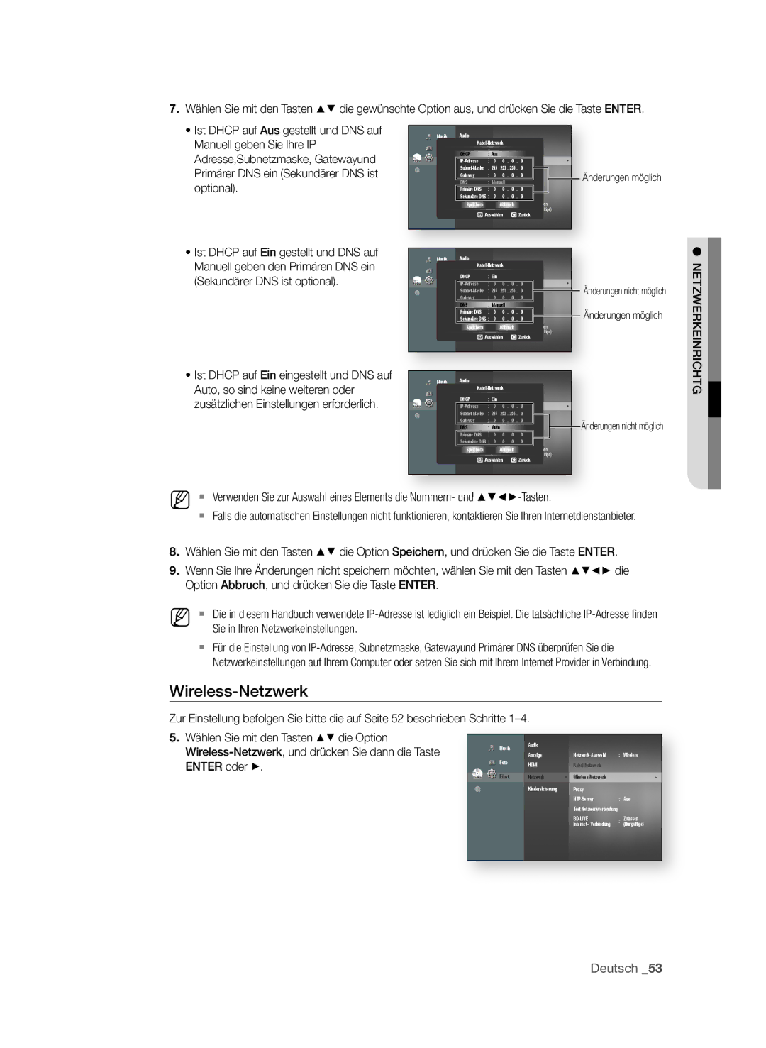 Samsung BD-P3600/EDC, BD-P3600/XEC, BD-P3600/XEF Auto, so sind keine weiteren oder, Änderungen möglich, NEtzWERkEInRIchtg 