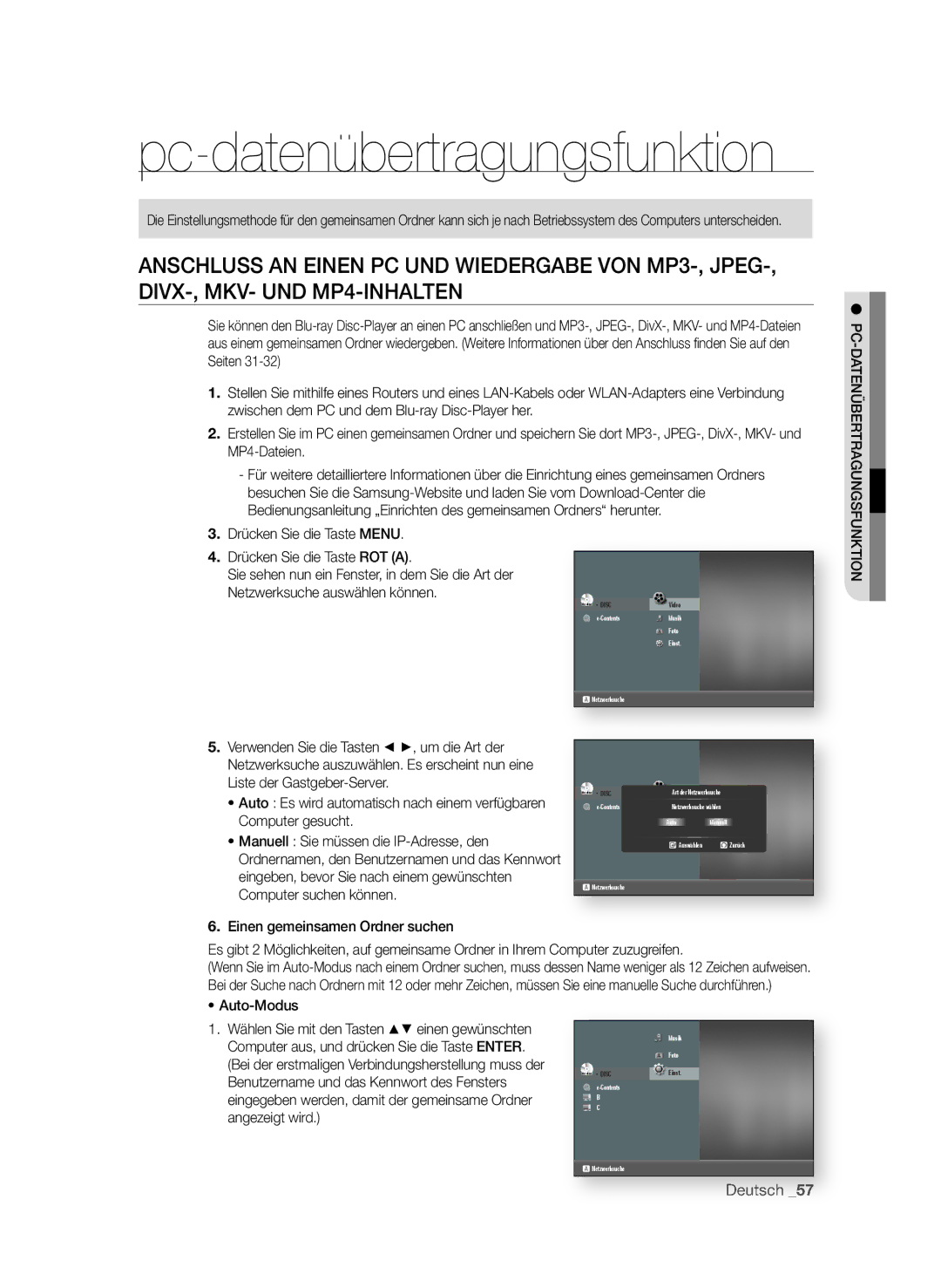 Samsung BD-P3600/EDC, BD-P3600/XEC, BD-P3600/XEF manual Pc-datenübertragungsfunktion, Auto-Modus 