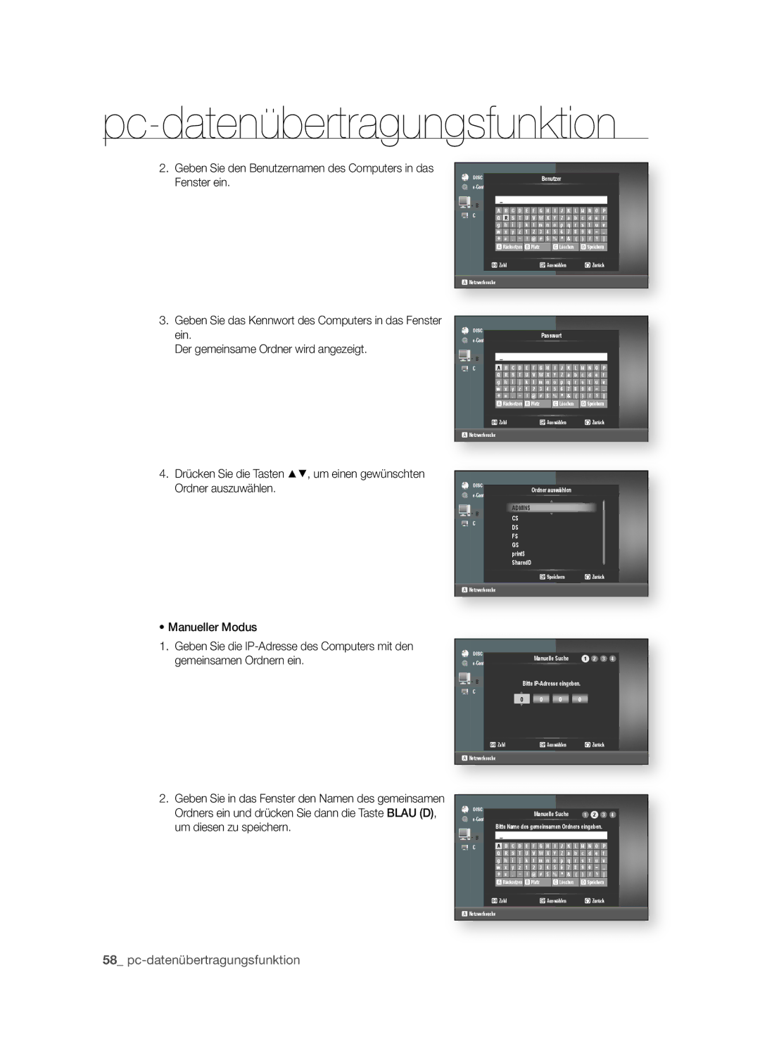 Samsung BD-P3600/XEC, BD-P3600/EDC manual Pc-datenübertragungsfunktion,  pc-datenübertragungsfunktion, Manueller Modus 