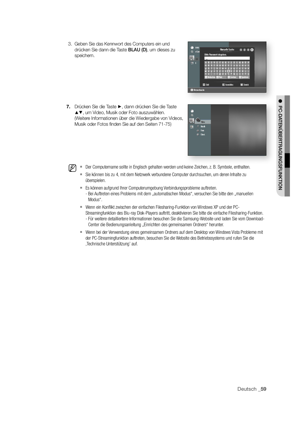 Samsung BD-P3600/XEF, BD-P3600/EDC, BD-P3600/XEC manual Pc-dAtEnüBERtRAgungSFunktIOn 