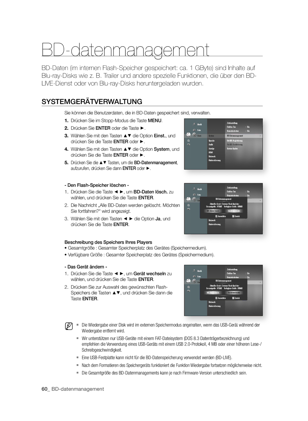 Samsung BD-P3600/EDC, BD-P3600/XEC, BD-P3600/XEF manual SyStEMgERätVERWALtung, 0 BD-datenmanagement 