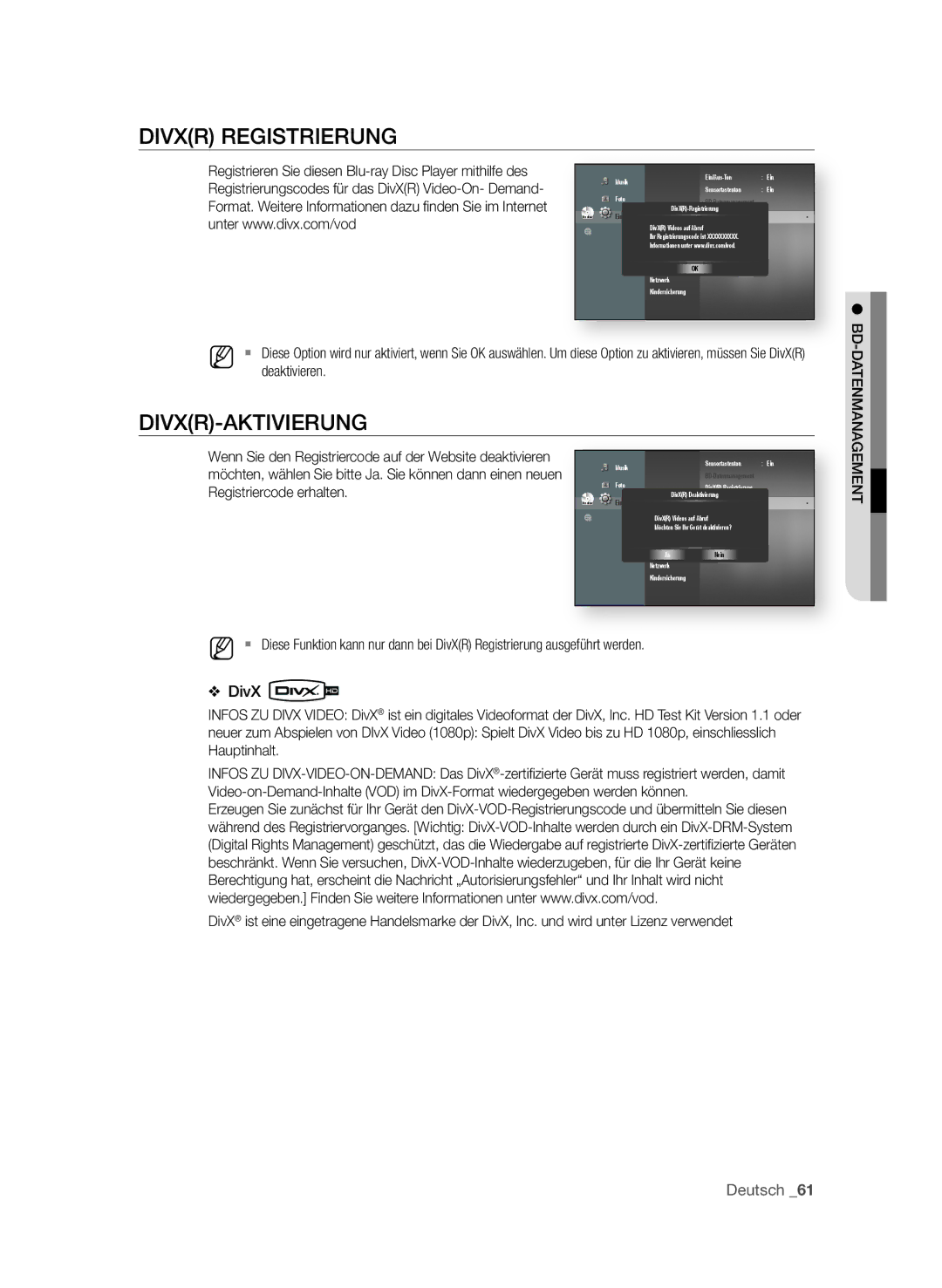 Samsung BD-P3600/EDC, BD-P3600/XEC, BD-P3600/XEF manual DIVXR REgIStRIERung, DIVXR-AktIVIERung 