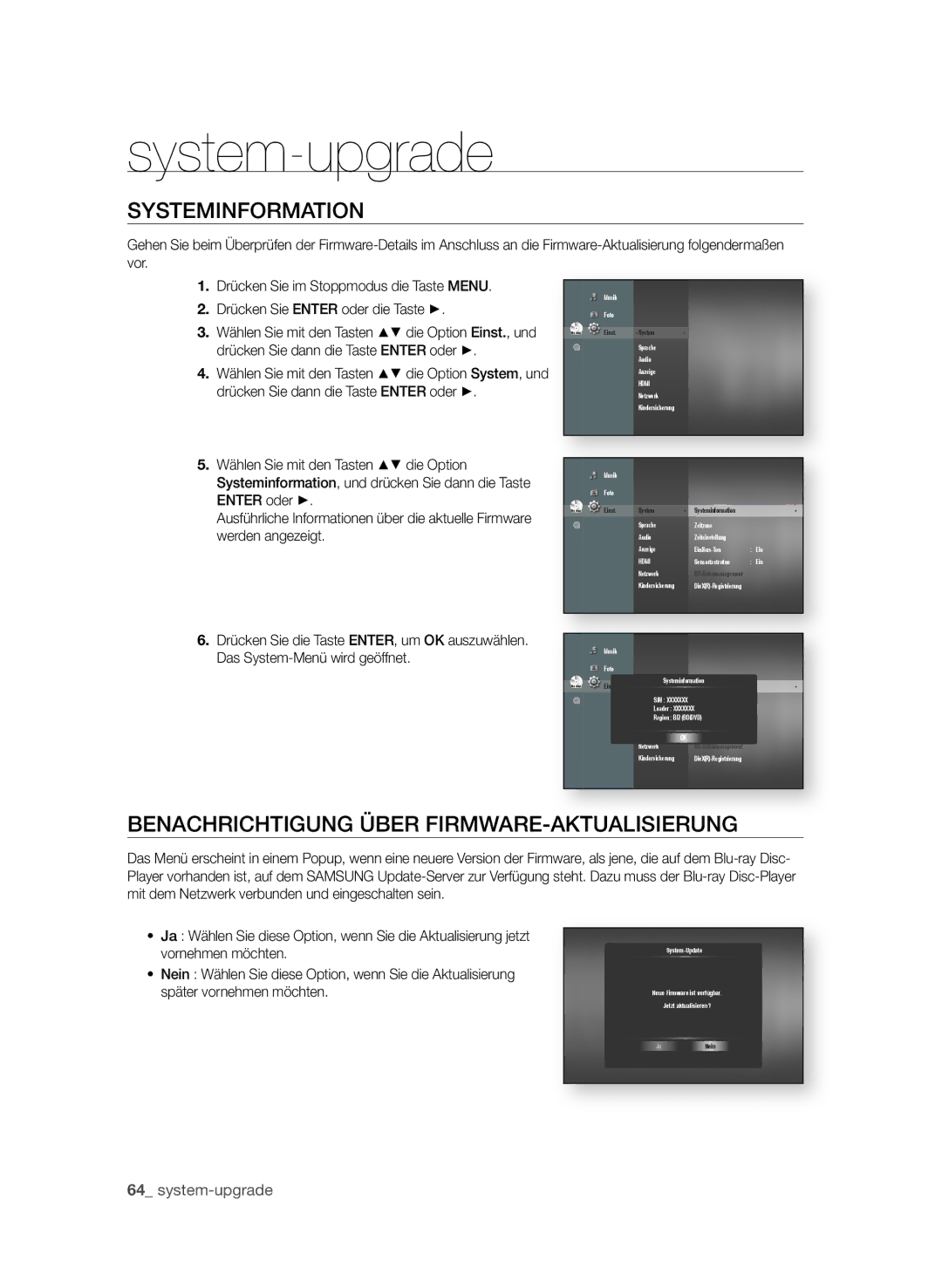 Samsung BD-P3600/EDC, BD-P3600/XEC, BD-P3600/XEF SyStEMInFORMAtIOn, BEnAchRIchtIgung üBER Firmware,  system-upgrade 