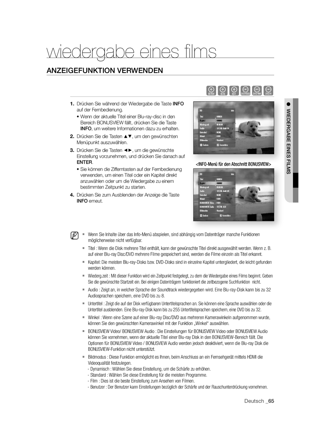 Samsung BD-P3600/EDC, BD-P3600/XEC, BD-P3600/XEF manual Wiedergabe eines ﬁ lms, AnzEIgEFunktIOn VERWEndEn 