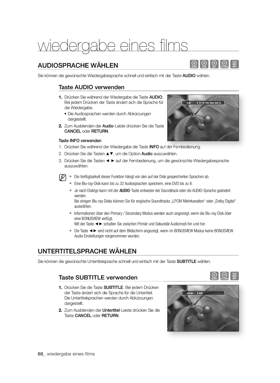 Samsung BD-P3600 manual AudIOSPRAchE WähLEn, UntERtItELSPRAchE WähLEn, Taste AudIO verwenden, Taste SuBtItLE verwenden 