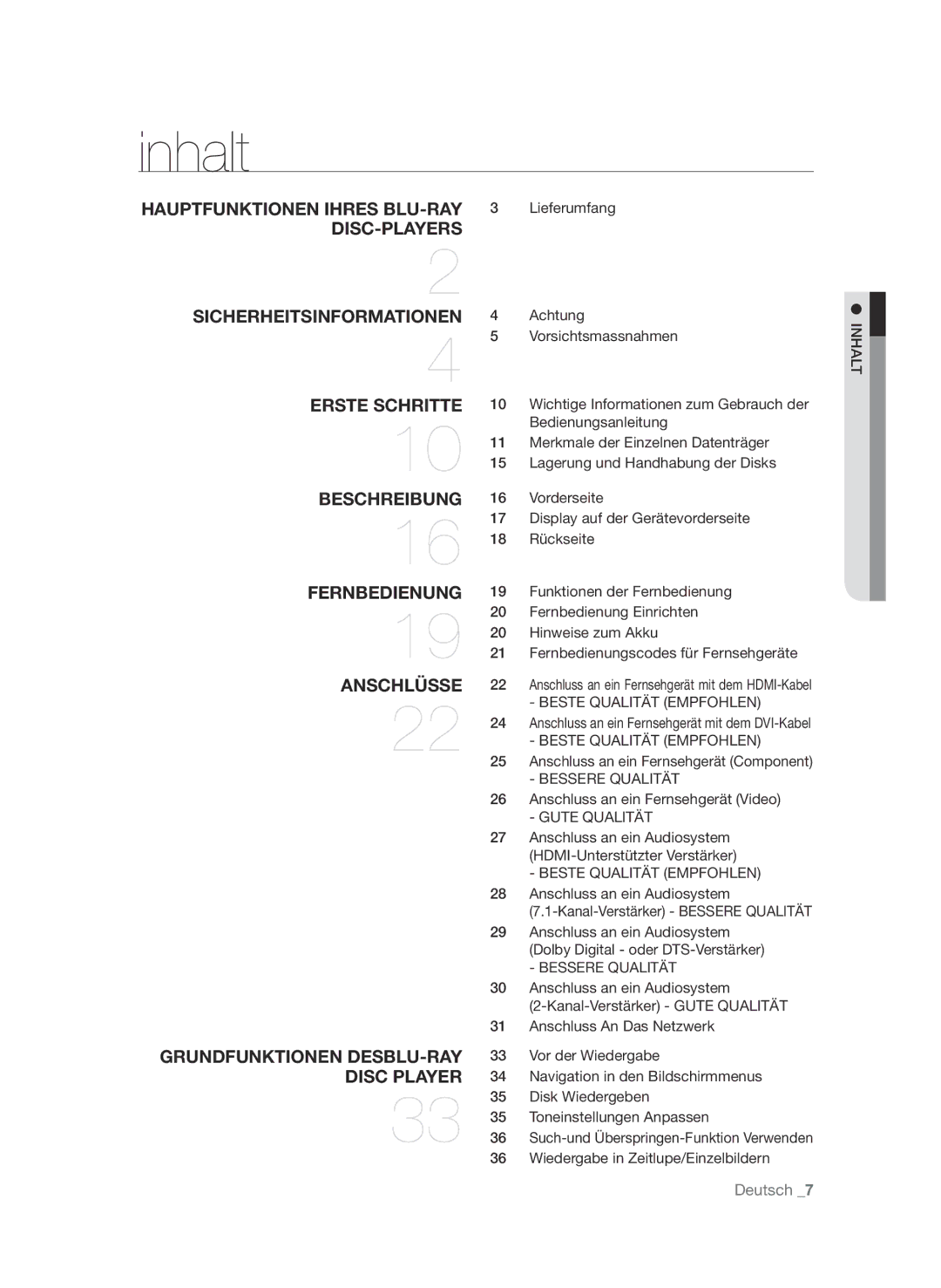 Samsung BD-P3600/XEF, BD-P3600/EDC, BD-P3600/XEC manual Inhalt, Beste Qualität Empfohlen, Bessere Qualität, Gute Qualität 