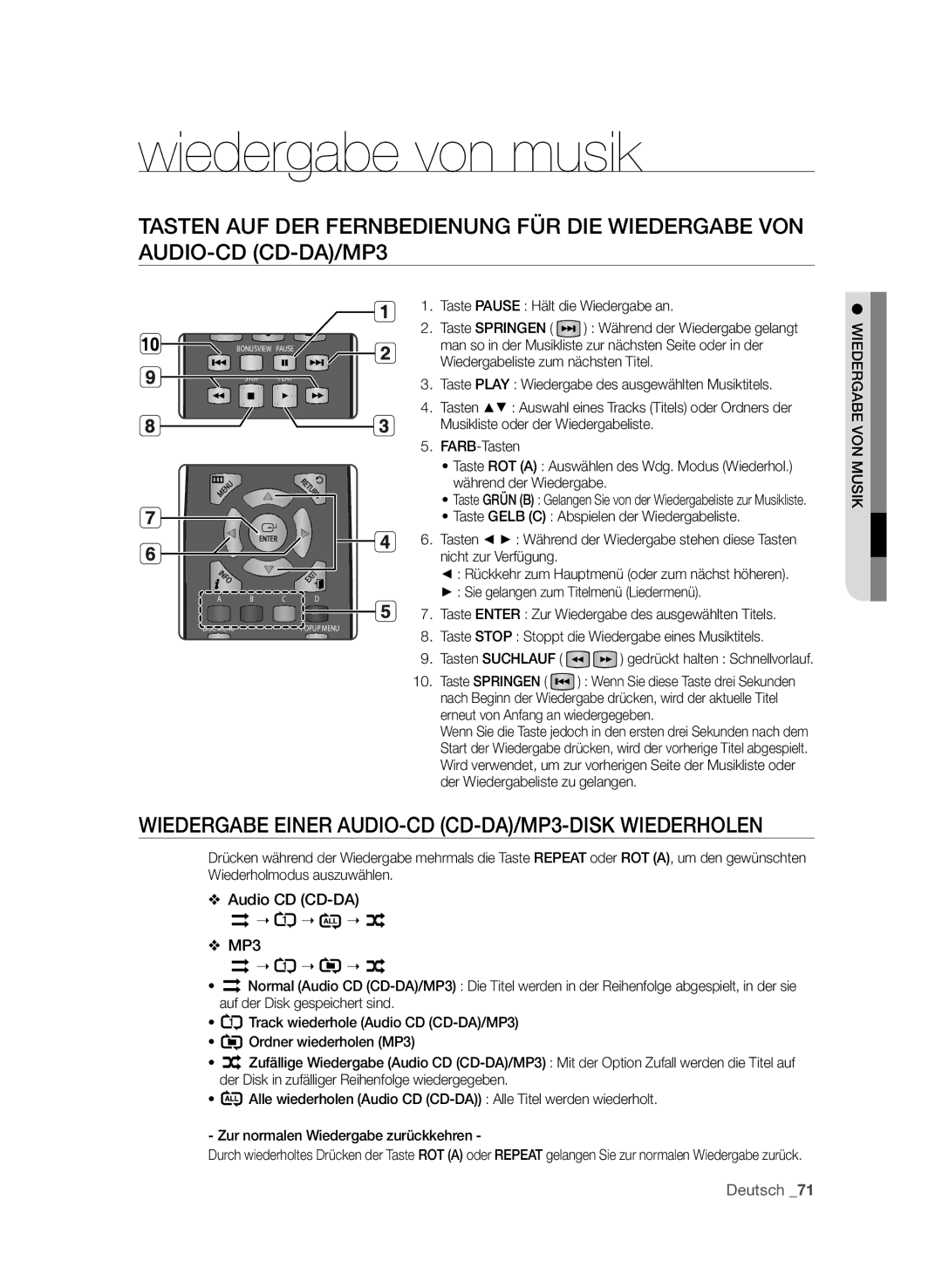 Samsung BD-P3600/XEF Wiedergabe von musik, Wiedergabe einer Audio-CD CD-DA/MP3-disk wiederholen, Siu mn vo gabeer, DieW 