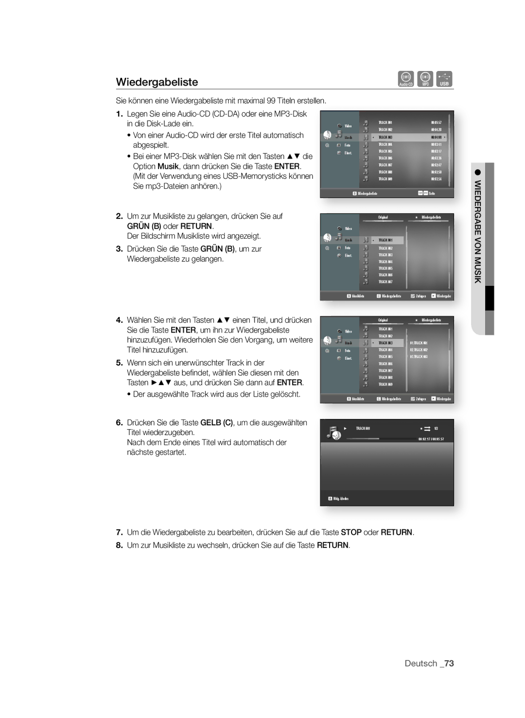 Samsung BD-P3600/EDC manual Wiedergabeliste AF, WIEdERgABE VOn MuSIk, Der ausgewählte Track wird aus der Liste gelöscht 