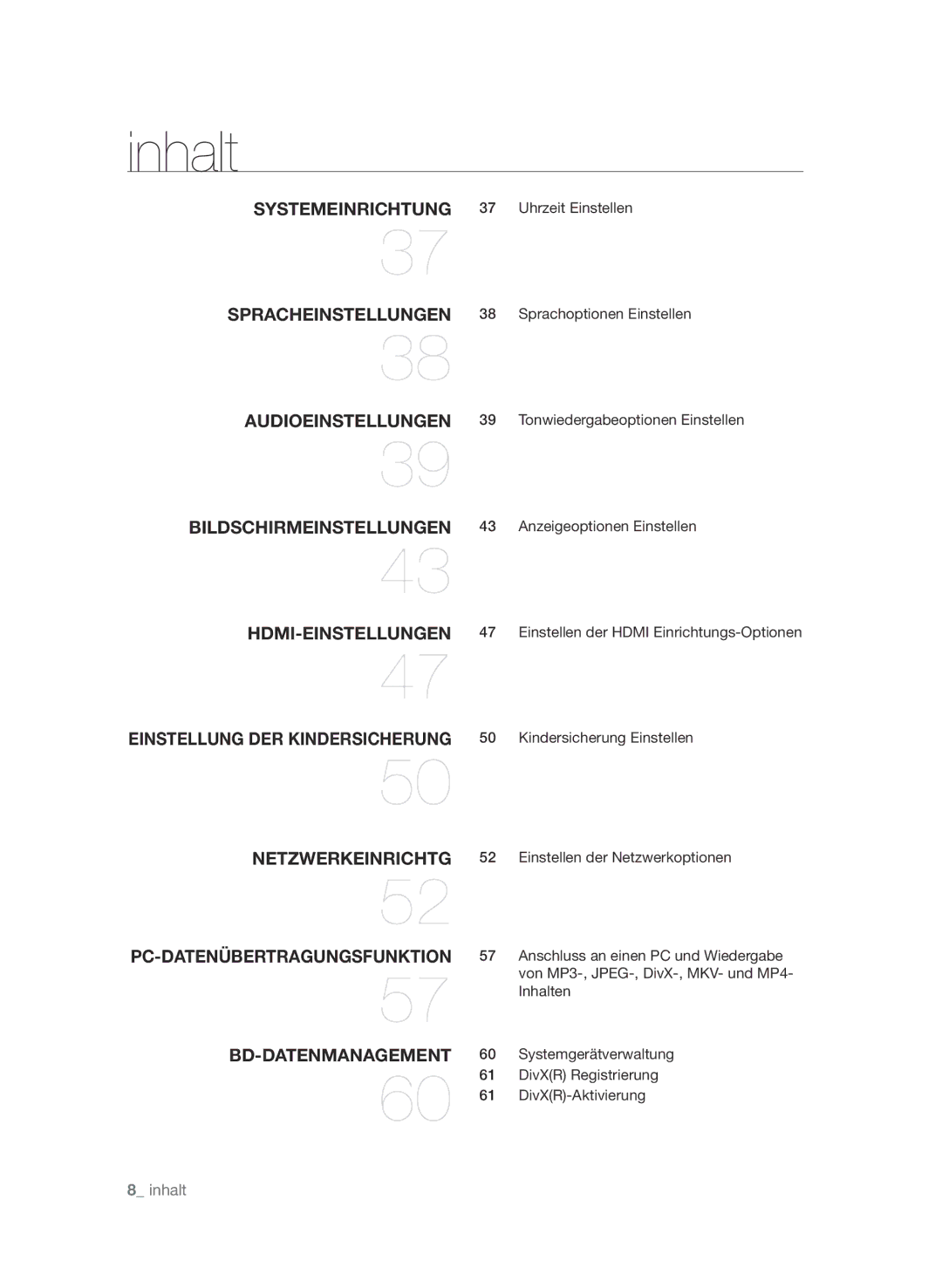 Samsung BD-P3600/EDC, BD-P3600/XEC, BD-P3600/XEF manual  inhalt 