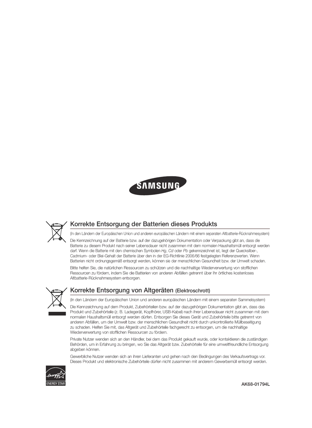 Samsung BD-P3600/EDC Korrekte Entsorgung der Batterien dieses Produkts, Korrekte Entsorgung von Altgeräten Elektroschrott 