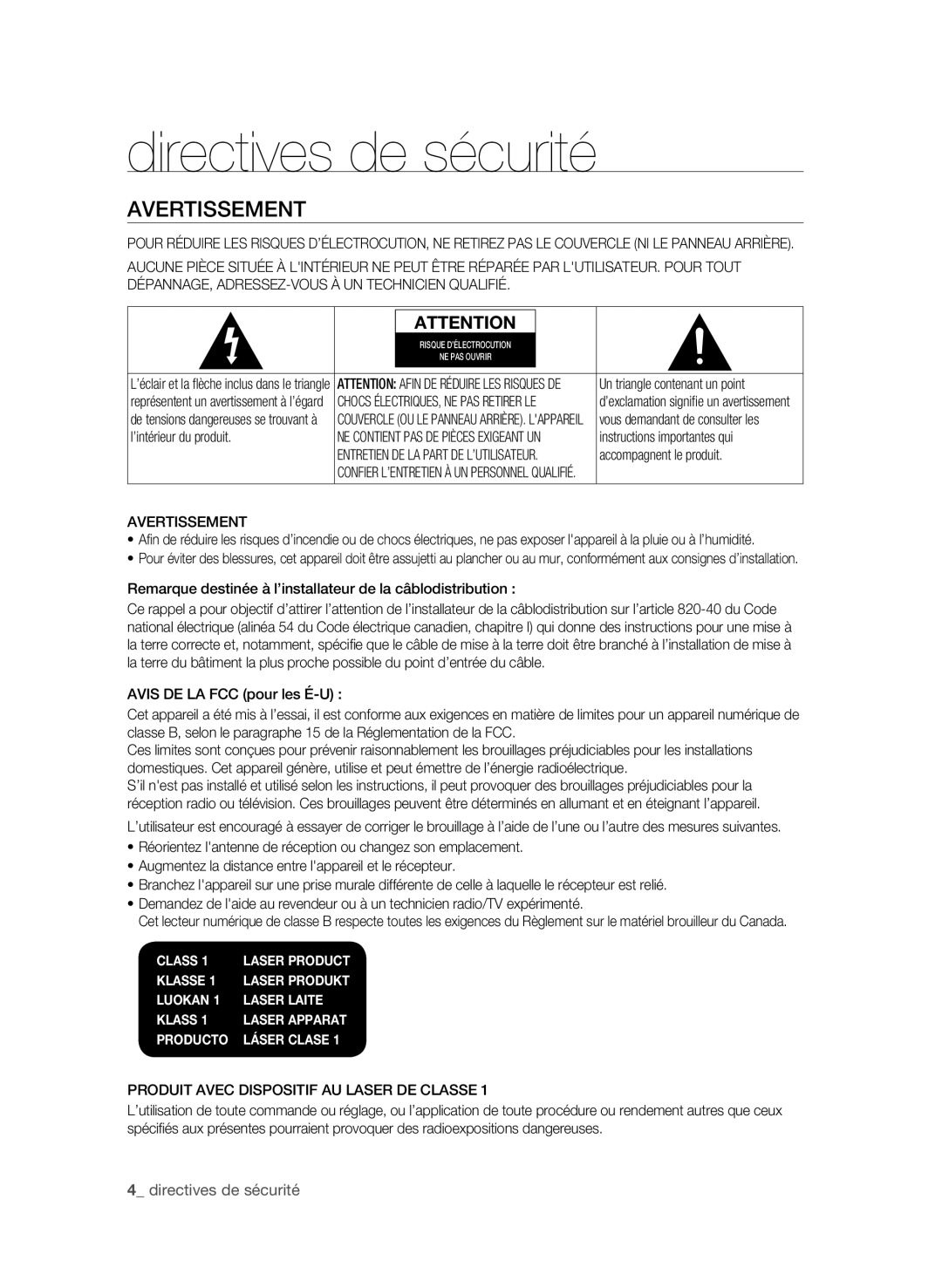 Samsung AK59-00104K, BD-P3600-XAC-0717 user manual Directives de sécurité, Avertissement,  directives de sécurité 