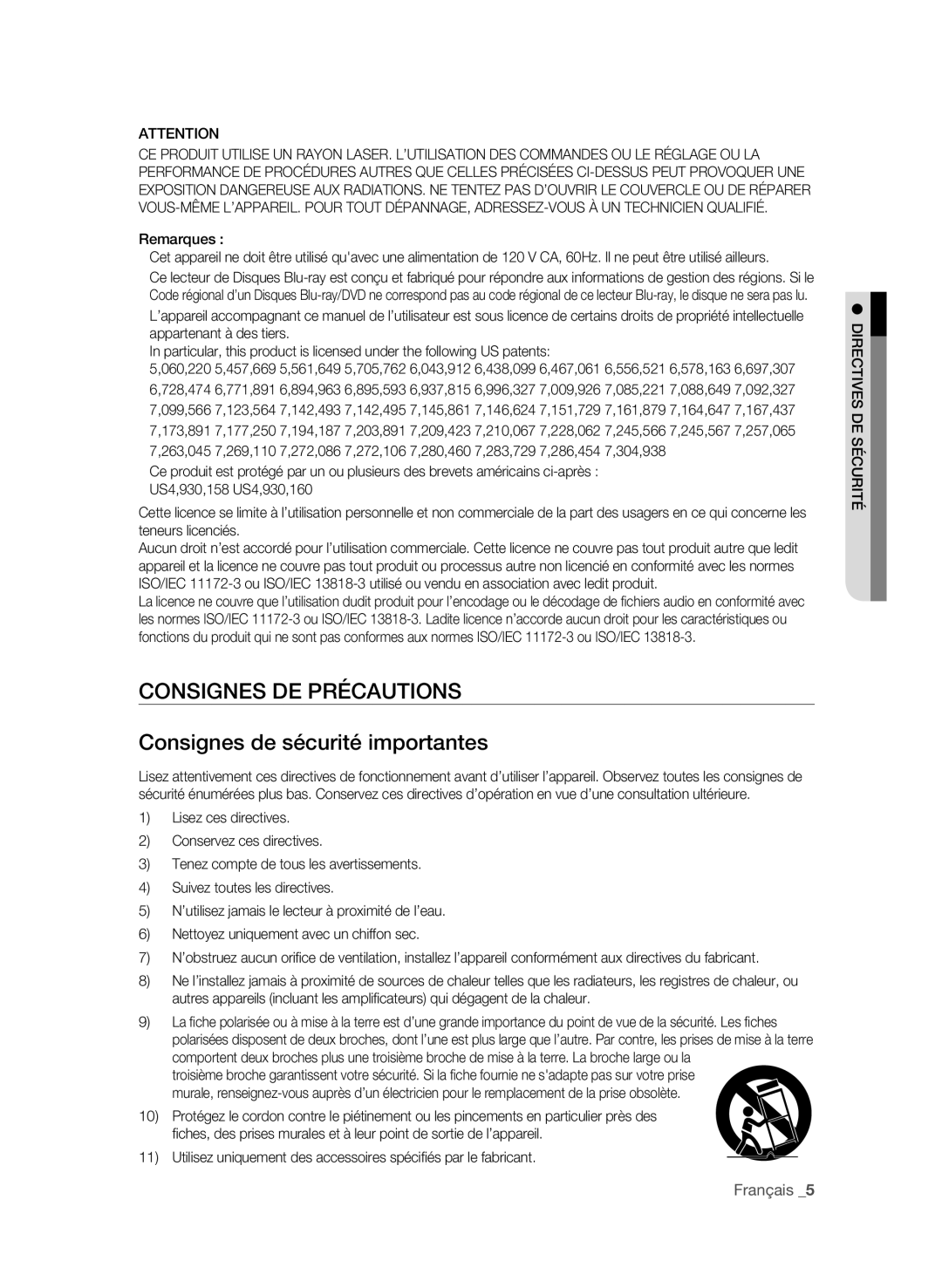 Samsung BD-P3600-XAC-0717, AK59-00104K Consignes de précautions Consignes de sécurité importantes, Français , Remarques 