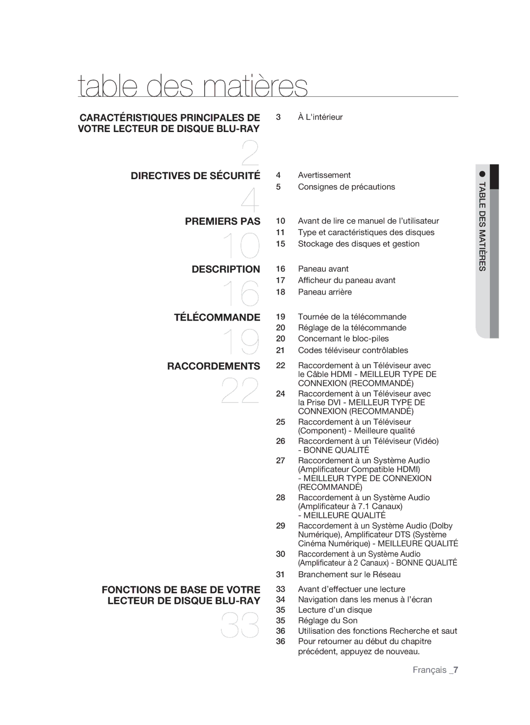 Samsung BD-P3600-XAC-0717 Table des matières, Raccordement à un Téléviseur Vidéo Bonne qualité, Meilleure qualité 