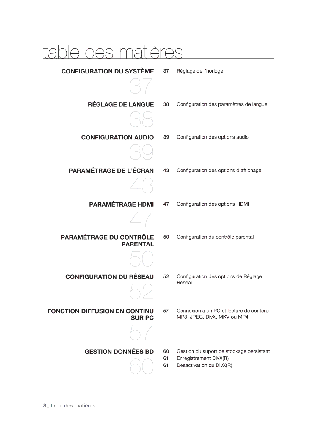 Samsung AK59-00104K, BD-P3600-XAC-0717 user manual  table des matières, 37 Réglage de l’horloge 