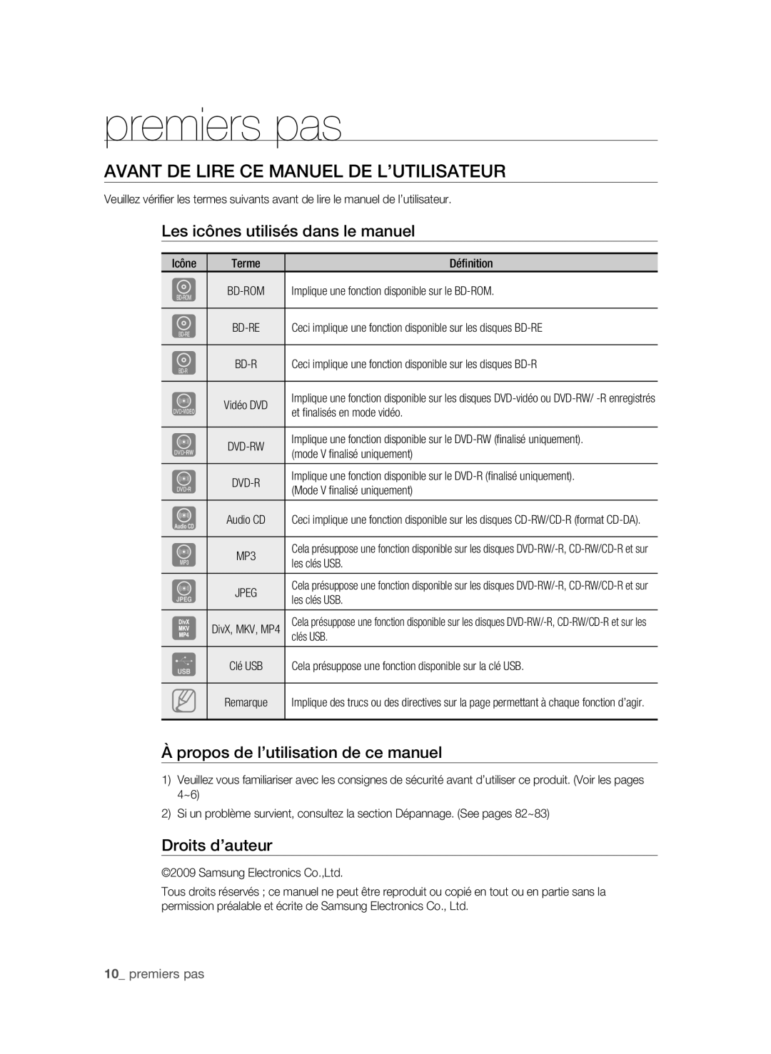 Samsung AK59-00104K user manual Premiers pas, Avant de lire ce manuel de l’utilisateur, Les icônes utilisés dans le manuel 