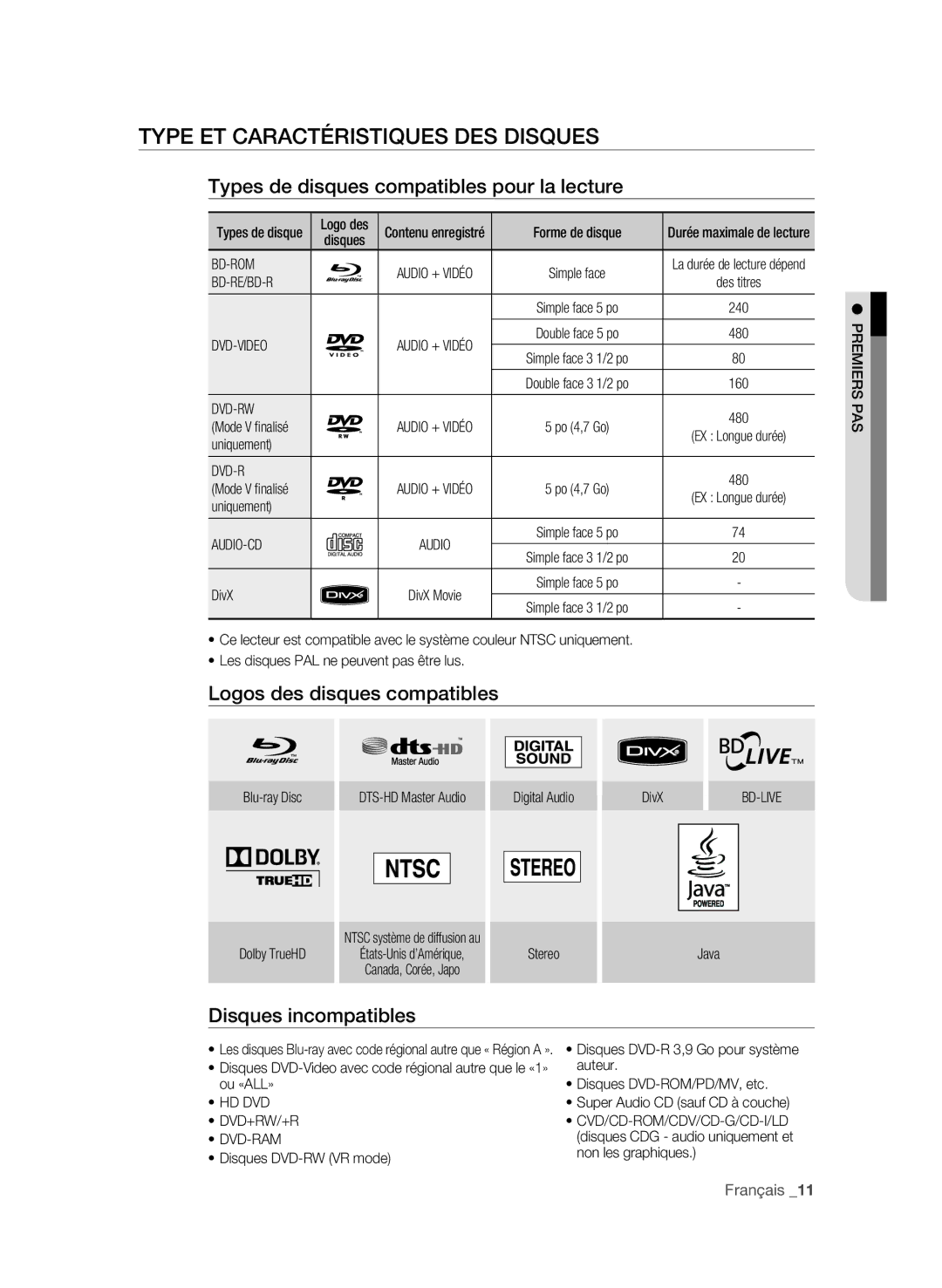 Samsung BD-P3600-XAC-0717, AK59-00104K Type et caractéristiques des disques, Types de disques compatibles pour la lecture 