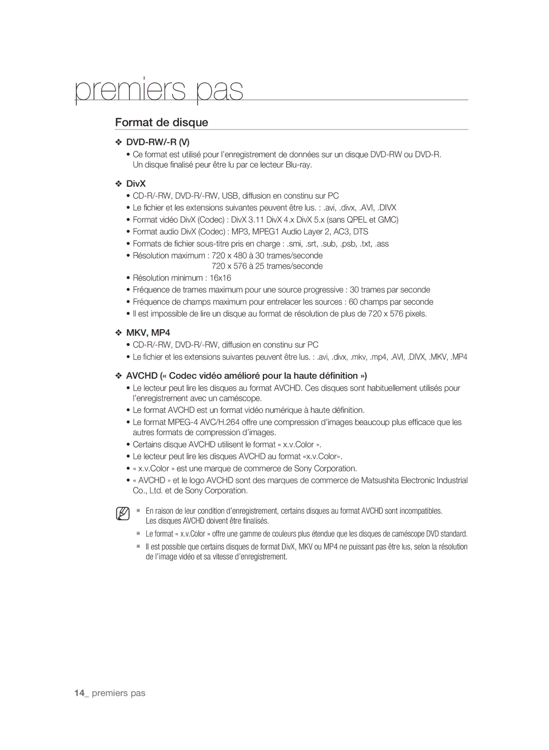 Samsung AK59-00104K, BD-P3600-XAC-0717 user manual Format de disque, Avchd « Codec vidéo amélioré pour la haute définition » 