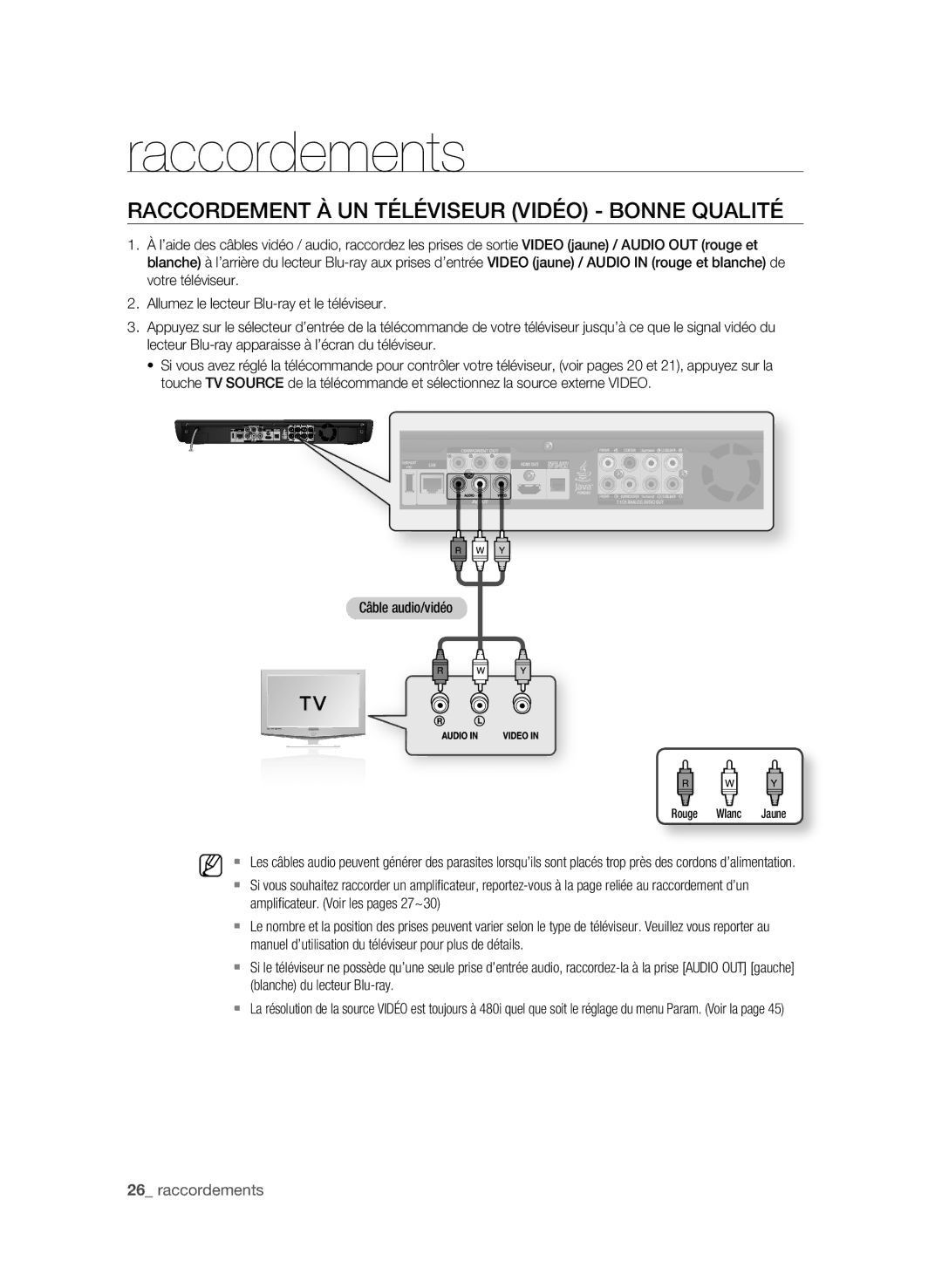 Samsung AK59-00104K, BD-P3600-XAC-0717 user manual RACCOrDement À Un tÉLÉviseUr viDÉO bOnne QUALitÉ, Câble audio/vidéo 