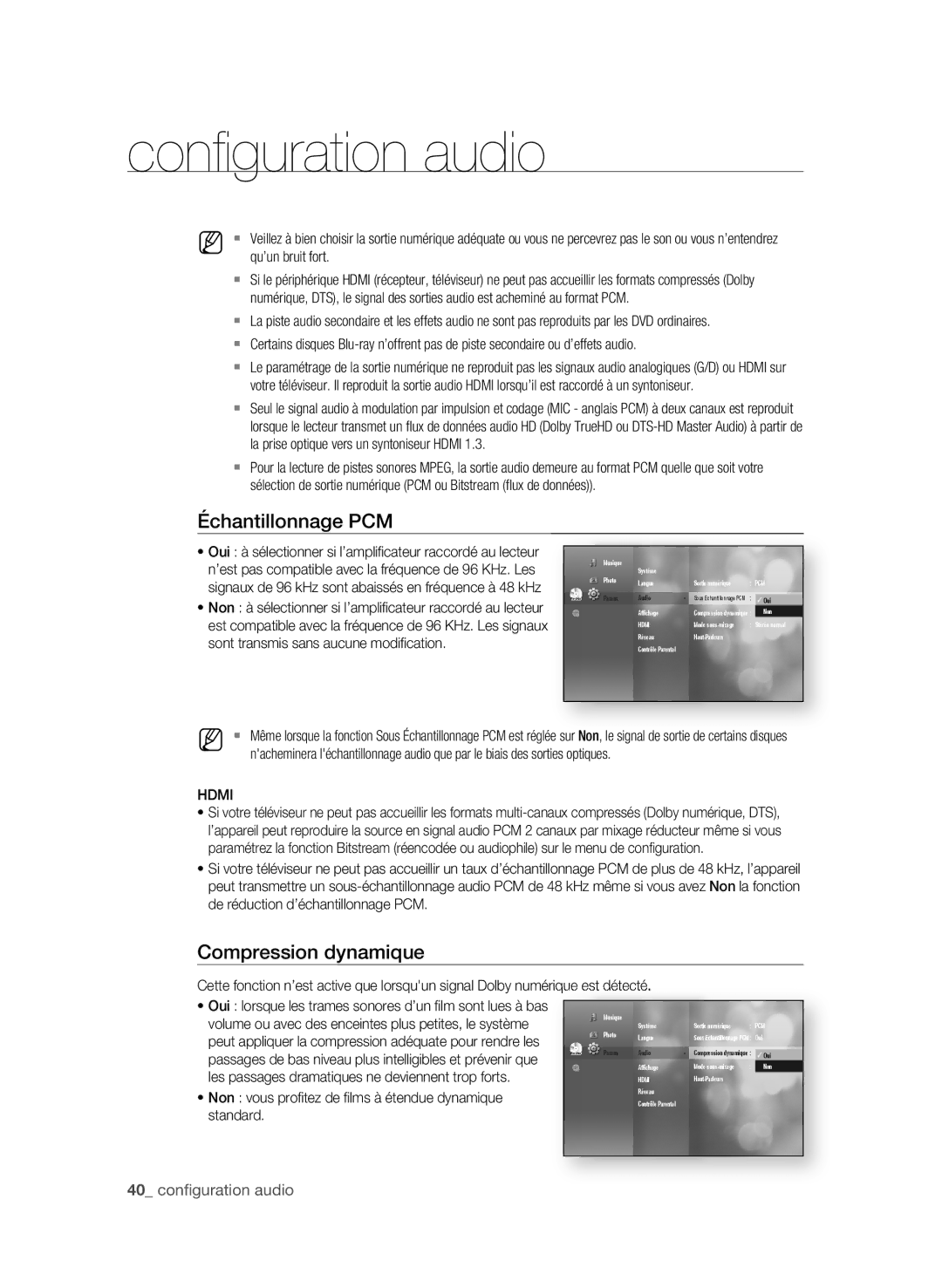 Samsung AK59-00104K, BD-P3600-XAC-0717 user manual Échantillonnage PCm, Compression dynamique, 0 confi guration audio 