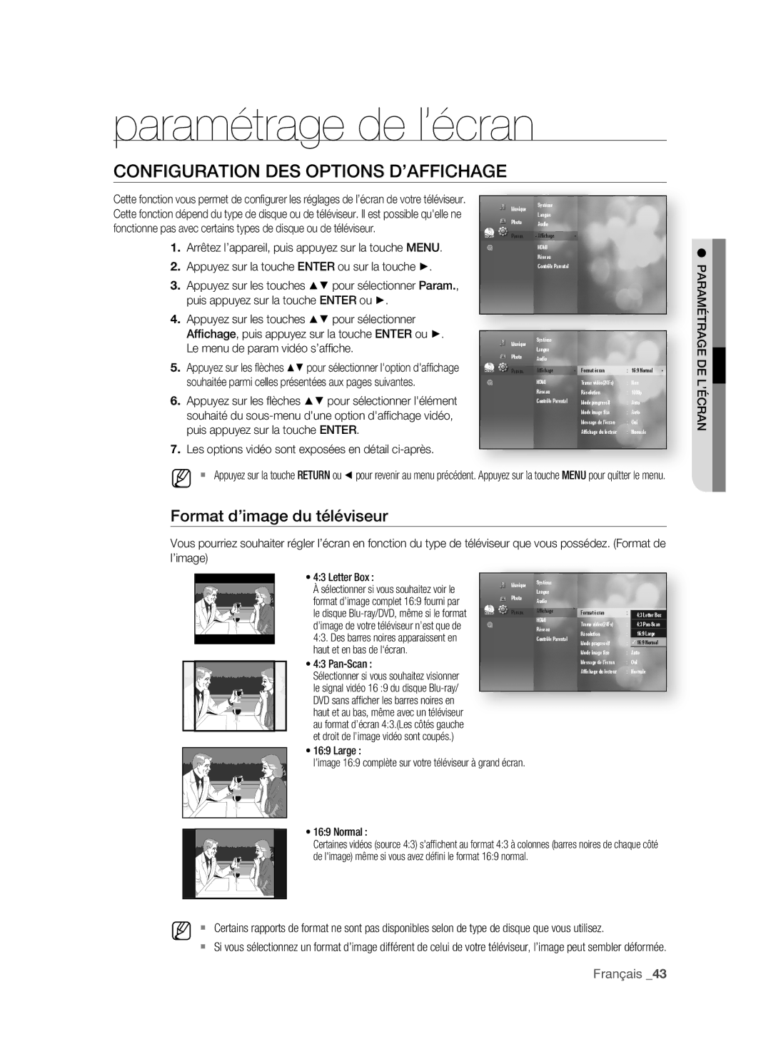 Samsung BD-P3600-XAC-0717 Paramétrage de l’écran, COnFigUrAtiOn Des OPtiOns D’AFFiCHAge, Format d’image du téléviseur 