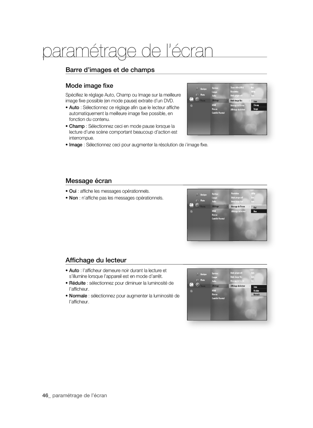 Samsung AK59-00104K, BD-P3600-XAC-0717 user manual Barre d’images et de champs, Message écran, Affichage du lecteur 