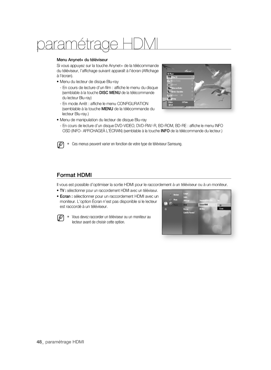 Samsung AK59-00104K, BD-P3600-XAC-0717 Format HDmi,  paramétrage Hdmi, Menu de manipulation du lecteur de disque Blu-ray 